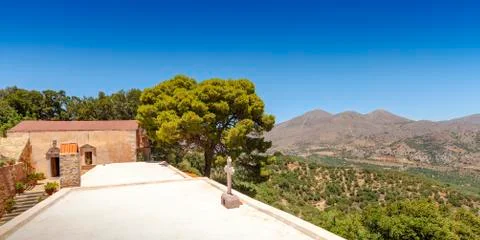 Panoramic view of the landscape from the monastery of Kremaston, Crete, Greec Stock Photos