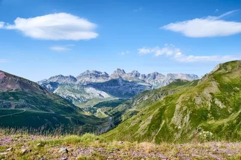Panoramic view landscape of the pyrenees in summer 2 Stock Photos