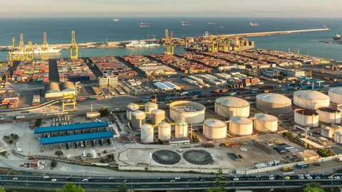 Panoramic view of a large cargo port of Barcelona. Time lapse video. Stock Footage 135942869