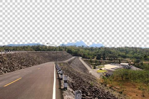 Panoramic view of a large dam isolated on white background. Stock Photos