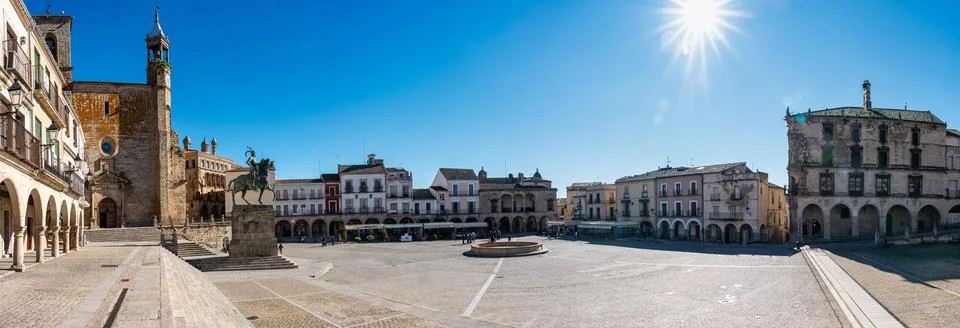 Panoramic view of the large main square of the medieval city of Trujillo in Stock Photos