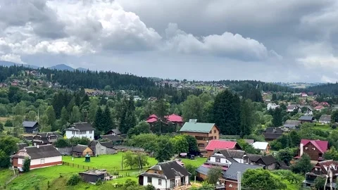 Panoramic View of a Large Ukrainian Village at the Foot of the Carpathians Video stock 346615013