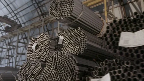 Panoramic view of a large warehouse with metal. Profile pipe in a covered Stockbeeldmateriaal 94213759