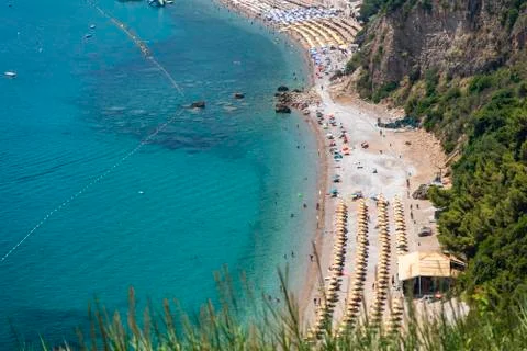 Panoramic view of the largest beach with many people in lagoon in Przno Stock Photos