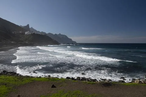 Panoramic view on lava rocks of laya de Almaciga and blue Atlantic ocean, Ana Stock Photos