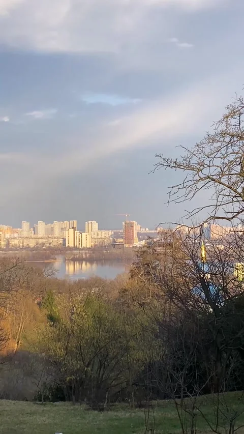 Panoramic view of left bank of Dnypro river in Kyiv, Ukraine Stock Footage 273864517