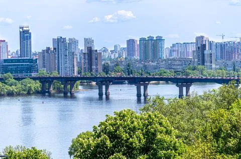 Panoramic view of left bank of Dnypro river and Paton bridge Stock Photos