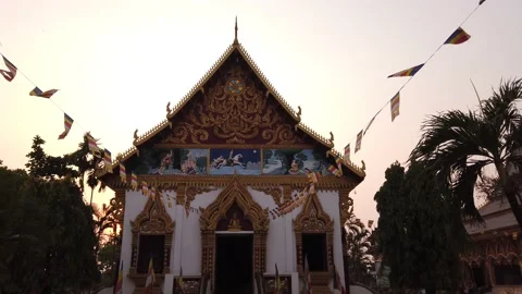 Panoramic view from left to right of Buddhist Wat Luang Temple, Pakse Laos Asia Stock Footage 170385597