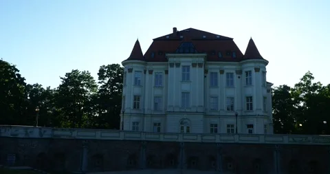 Panoramic View of Leśnica Castle in Late Afternoon Summer Light, Poland Stock Footage 337837972