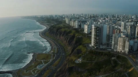Panoramic view of Lima's Coastline Pacific ocean coast, city capital in Peru 4K Stock Footage 197279900
