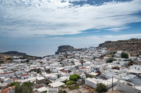Panoramic view of Lindos town Stock-Fotos