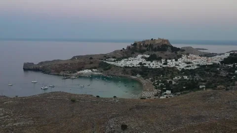 Panoramic view of Lindos village and Acropolis, Rhodes, Greece Stock Footage 249390528