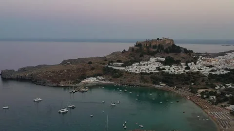 Panoramic view of Lindos village and Acropolis, Rhodes, Greece Stock Footage 249390616