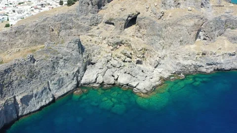 Panoramic view of Lindos village and Acropolis, Rhodes, Greece Stock Footage 249391763