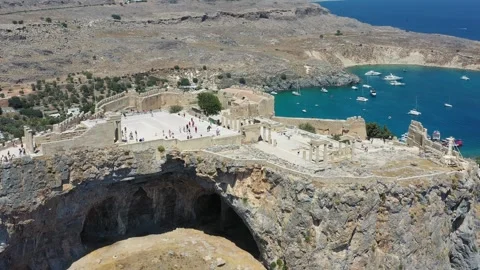 Panoramic view of Lindos village and Acropolis, Rhodes, Greece Stock Footage 249392280