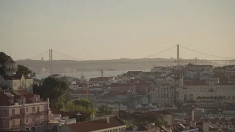 Panoramic view of Lisbon city and the 25th of April Bridge in Lisbon, Portugal Stock Footage 276201684