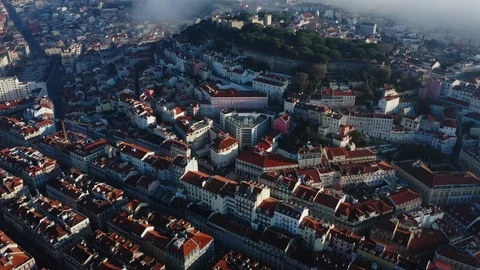 Panoramic view of Lisbon; old yellow rooftops in Portuguese capital Stock Footage 105293019
