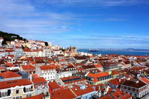 Panoramic view of the Lisbon rooftops and the Douro River Stock Photos