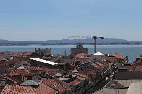 Panoramic View of Lisbon Rooftops with Rua Augusta Arch and Tagus River Stock Photos