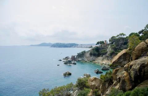 Panoramic view of Lloret de Mar Castle at sunset, Costa Brava between Barcelona Stock Photos