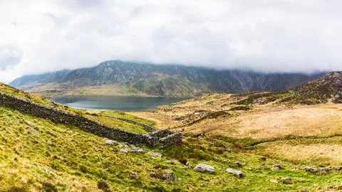 Panoramic View of Llyn Idwal and Traditional Sheep Pen, Eryri (Snowdonia), .. Stock Photos