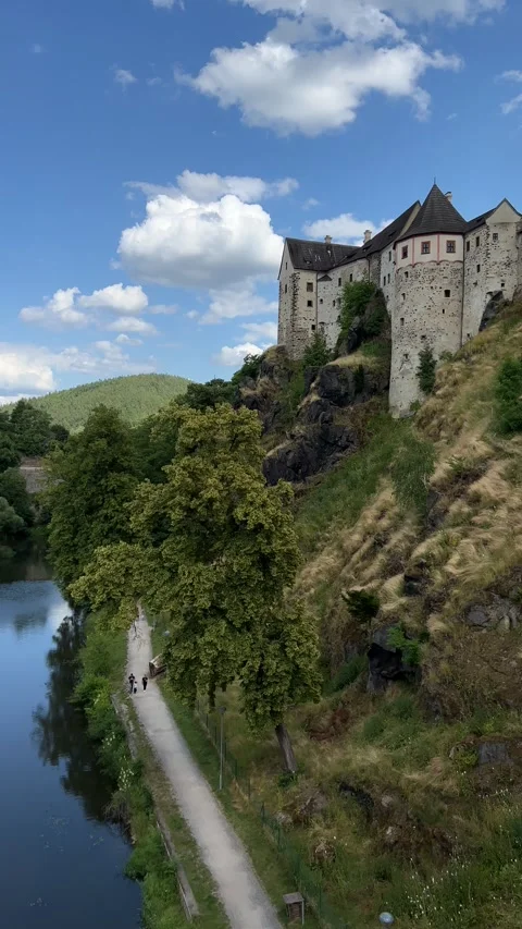 Panoramic view of Loket castle and Tepla river in Czech Republic. Vertical Stock Footage 246498966