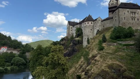 Panoramic view of Loket castle and Tepla river in Czech Republic in summer Stock Footage 246498971