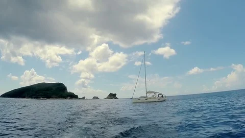 Panoramic view of lonely boat in open ocean waters. Stock Footage 80245295