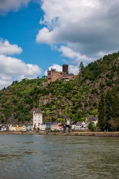 Panoramic view of Loreley rocks and Katz Castle on the Rhine in Germany. Stock Photos