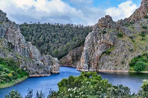 Panoramic view of los canchos de ramiro in spring, natural reserve with riv.. Foto stock