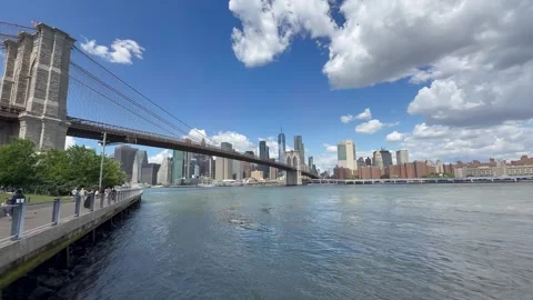 Panoramic view of Lower Manhattan skyline and Brooklyn Bridge. New York City Stock-Footage 337837562
