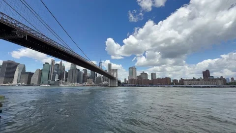 Panoramic view of Lower Manhattan skyline and Brooklyn Bridge. New York City Stock Footage 337837628