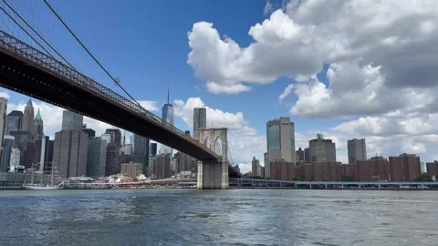 Panoramic view of Lower Manhattan skyline and Brooklyn Bridge. New York City 動画素材 337837644