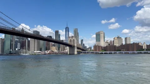 Panoramic view of Lower Manhattan skyline and Brooklyn Bridge. New York City 動画素材 337837681