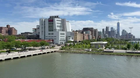 Panoramic view of Lower Manhattan skyline. Whitney Museum. New York City Stock-Footage 337837963