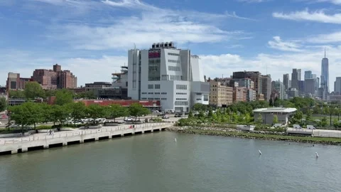 Panoramic view of Lower Manhattan skyline. Whitney Museum. New York City Stock Footage 337837979