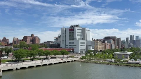 Panoramic view of Lower Manhattan skyline. Whitney Museum. New York City Stock Footage 337837981