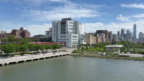 Panoramic view of Lower Manhattan skyline. Whitney Museum. New York City Stock Footage 337837982