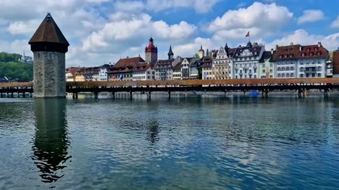 Panoramic view of Lucerne (Luzern) town with famous Chapel wooden bridge Stock Footage 219966270