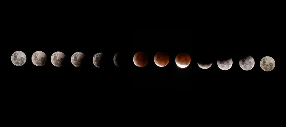 Panoramic view of the Lunar Eclipse and Supermoon with a black background Stock Photos