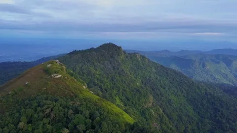 Panoramic View of Lush Green Mountain Range at Dawn Stock Footage 310990689