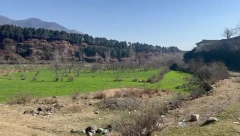 Panoramic view of a lush green valley with rolling hills snow capped mountains Stock Footage 333613447