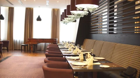 Panoramic view of the luxurious interior of the restaurant Stock Footage 100425433