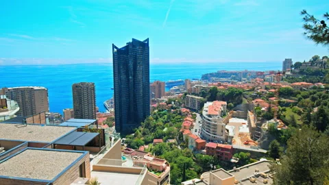 Panoramic view of Luxury Modern Bay Hotels and Resorts in the center of Monaco. Stock Footage 247221580