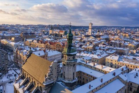 Panoramic view on Lviv in winter from drone Stock Photos