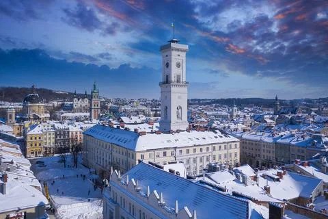 Panoramic view on Lviv in winter from drone Stock Photos