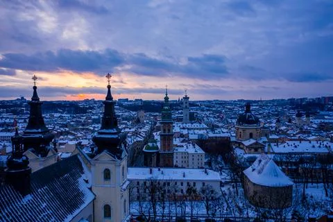 Panoramic view on Lviv in winter from drone Stock Photos
