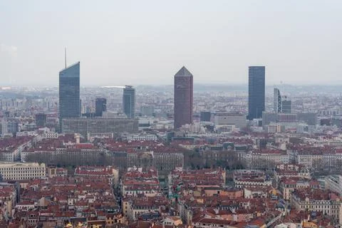 Panoramic view of Lyon cityscape with the Sane river and modern skyscrapers Stock-Fotos