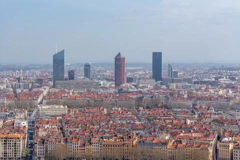 Panoramic view of Lyon cityscape with the Sane river and modern skyscrapers Stock Photos