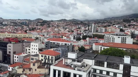 Panoramic view of Madeira, aerial view camera flies up on a stodgy day Stock-Footage 242995383